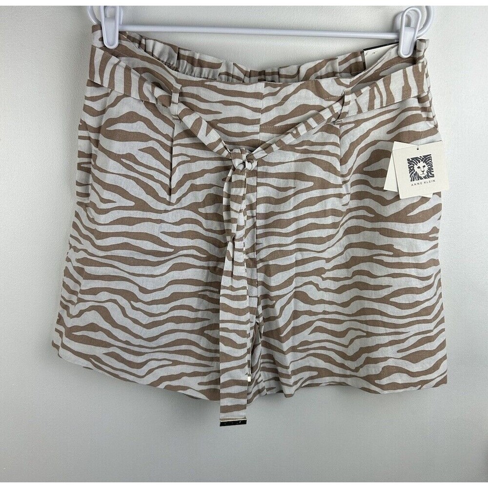 ANNE KLEIN High Rise Linen Blended Tiger Stripe Belted Shorts Womens Size Large
